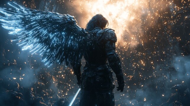 In sleek black armor glowing blue circuits Archangel Michael battles AI demons plasma sword inside neon lit holographic cathedral.