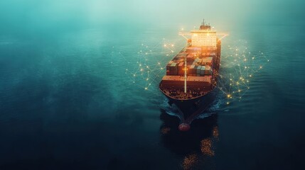 Fototapeta premium Container ship at sea with digital network links, digital trade network connection concept, global shipping industry.