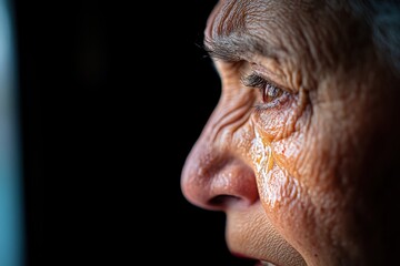 Obraz premium This striking profile image of an elderly woman shows her tears gleaming, emphasizing the depth of life's experiences and the emotions that come with age and reflection.