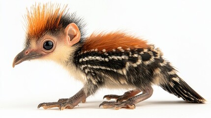 Fototapeta premium baby hoatzin perched elegantly highlighting its fluffy down feathers and sharp beak. tiny wing claws add unique charm its appearance.