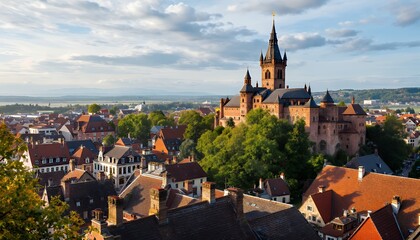 Obraz premium Picturesque Medieval Castle Overlooking a Charming Town