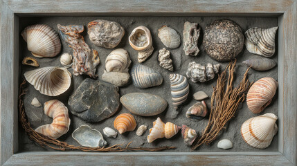 A meticulously curated display of oceanic artifacts, featuring a variety of seashells, smooth pebbles
