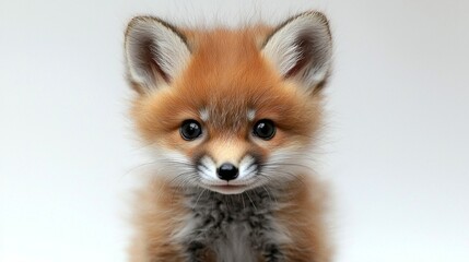 Bright orange fur fluffy texture defines baby fox kit perched adorably on white background. Ears perked and tail curled it radiates playfulness and curiosity.
