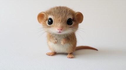 tiny jerboa captures attention its delicate stance on hind legs. Its big round eyes and oversized ears give it cartoonish charm against simple background.
