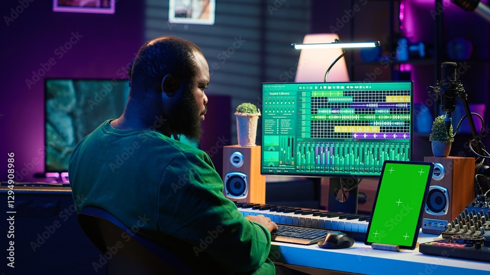 Leinwandbilder young musician mixing and mastering songs next to isolated mockup display, operating on digital audi