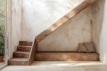 Plastered Wall Under Staircase in Cozy Home Interior Minimalist Style