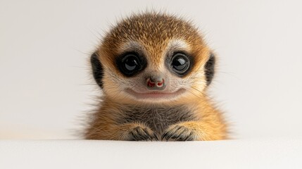 charming baby meerkat stands upright on its tiny hind legs displaying mix of golden and brown fur bright curious eyes gleaming against plain white backdrop.
