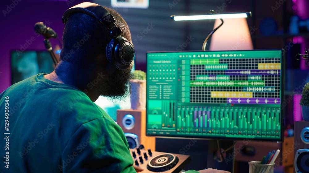 Poster young musician twisting knobs and mixing tunes with a console, following record settings on a digita