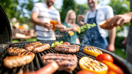 Friends gathered around barbecue grill, enjoying laughter and summer vibes. delicious aroma of grilled meats and vegetables