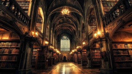 Obraz premium Grand Gothic library interior with bookshelves, high ceilings, and arched architecture.