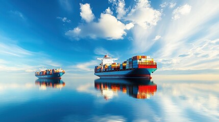 Container ships in calm waters with reflections of cargo ports Emphasize the harmony between technology and nature Cargo ships.