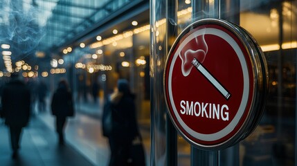 Fototapeta premium no smoking sign featuring red circle and cigarette diagonal slash is prominently placed entrance of modern glass building. City reflections create depth in scene.
