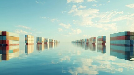 Container ships in calm waters with reflections of cargo ports Emphasize the harmony between technology and nature Cargo ships.