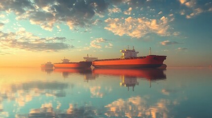 Container ships in calm waters with reflections of cargo ports Emphasize the harmony between technology and nature Cargo ships.
