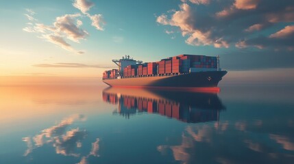 Container ships in calm waters with reflections of cargo ports Emphasize the harmony between technology and nature Cargo ships.
