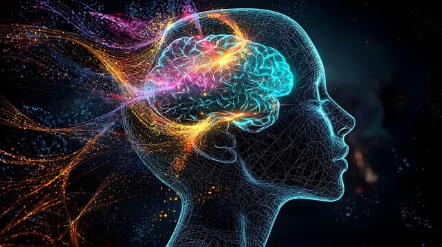 Glowing silhouette of a human head with vibrant pulsating neural connections representing the complexity and power of the human mind  This surreal