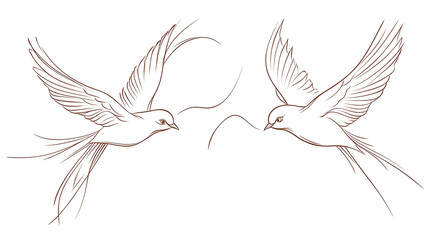 Fototapeta premium Two birds flying in the sky, one of them is holding a string