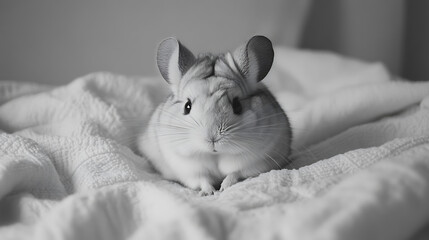 A small gray and white hamster is laying on a white blanket