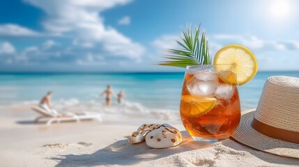 Refreshing glass of iced tea with lemon slices resting on the sandy beach accompanied by a trendy summer hat set against the backdrop of a crystal clear ocean and serene tropical atmosphere
