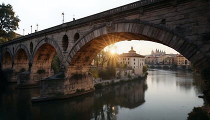 Obraz premium Sunrise Illuminates Ancient Stone Bridge Arching Over Calm River