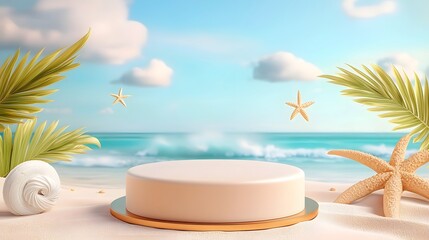 Obraz premium Serene and Minimalist Summer Beach Podium Display with Vibrant Sky Soft Waves and Relaxing Tropical Ambiance