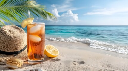 Obraz premium Serene Beachside Escape with Iced Tea and Straw Hat Capturing the Essence of a Perfect Summer Getaway with Tranquil Ocean Views Golden Sand and Refreshing Citrus Notes