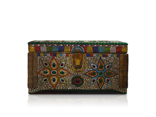 front view antique and colorful chest on white background, vintage object, background, ancient, copy space