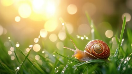 Closeup view of snail on grass in Spring