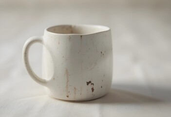 A ceramic mug with a smooth handle on a neutral surface. Soft lighting highlights its clean design and subtle texture. A simple, minimalist composition emphasizing warmth and everyday use.