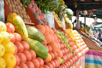 Stalls of varied and colorful fresh fruit in Marrakech.