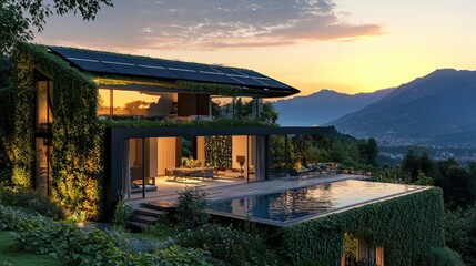 Obraz premium Modern eco-friendly house with infinity pool, sunset view.