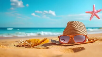 Stylish straw hat and trendy sunglasses resting on warm golden sand with gentle sea waves in the background capturing the essence of relaxation and an idyllic summer vacation