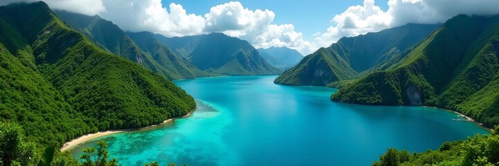 Lush green mountain slopes meet turquoise lagoon, Bora Bora , sea, tropical