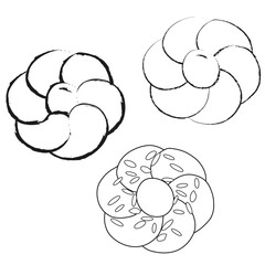 Set of handmade Greek Tsoureki (sweet braided bread) with egg and filleted almonds. Top view. Easter traditions. Vector illustration black outline on white background.
