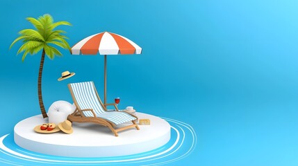 Obraz premium Tranquil tropical vacation relaxation setup featuring a deck chair under a vibrant umbrella a swaying palm tree on a chic podium