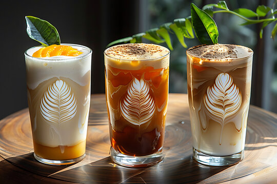 artistic drink creations, three distinctive textured drinks mango ripple merges fresh fruit with creamy yogurt, nitro cold brew cascades, and fern milk creates leafy art on a dark canvas
