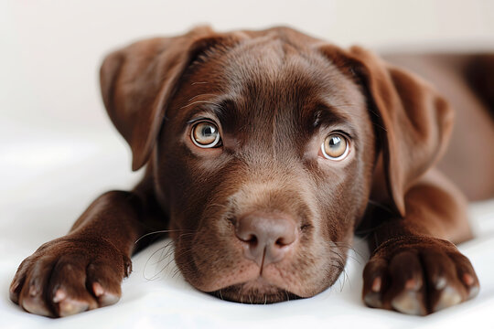 pet photography, a stylish chocolate and cream labrador bulldog pup elegantly posing on a plain, isolated white surface in high definition