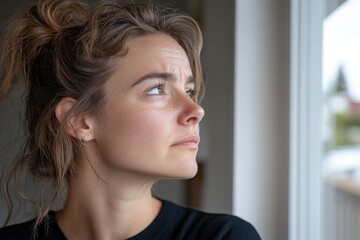 A contemplative woman gazes out the window, lost in thought, embodying introspection and reflection as she contemplates her surroundings and life's journey.