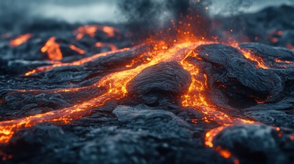 Active Lava Flow. Hot Molten Rock. Volcano Eruption. River of Lava. Burning Liquid. Nature Force. Geology Danger. Orange Glow. Dark Rocks. Earth Power.