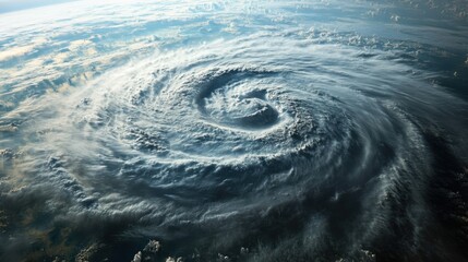 Hurricane view from space. Earth weather storm. Large swirl of clouds. Climate change danger. Powerful cyclone over planet. Aerial view of storm.