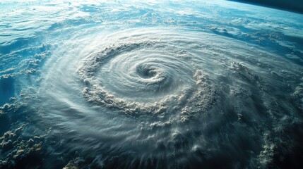 Hurricane swirls over Earth. Storm is spinning. View from space. Dangerous weather pattern. Global climate change. Natural disaster background.