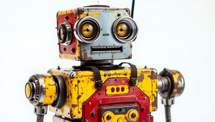 Weathered Yellow and Red Vintage Robot on White Background