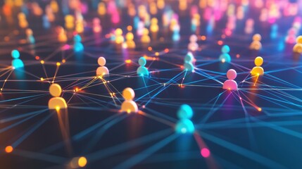 Colorful 3D avatars interconnected through glowing lines representing digital social media interactions. Generative AI