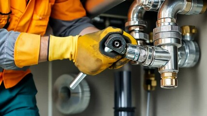 Expert plumber repairs pipe fittings in residential location during daylight hours