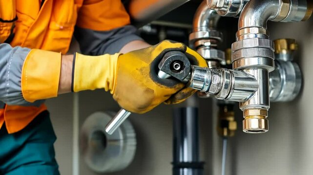 Expert plumber repairs pipe fittings in residential location during daylight hours