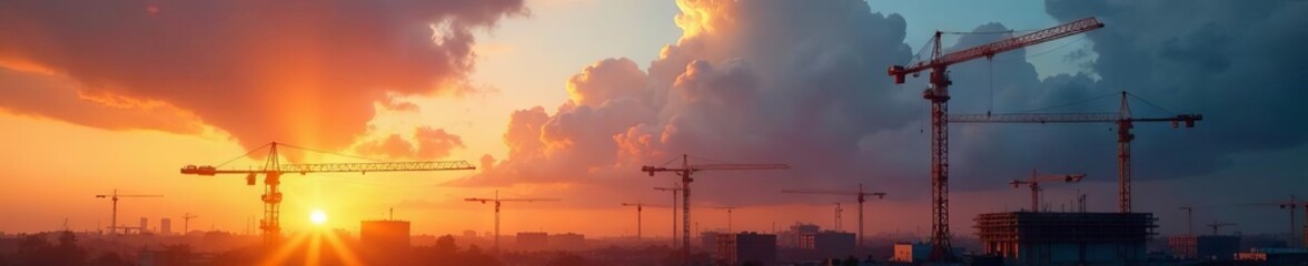 Fototapeta premium Golden hour illuminates towering cranes and brooding clouds above a construction zone , work, light