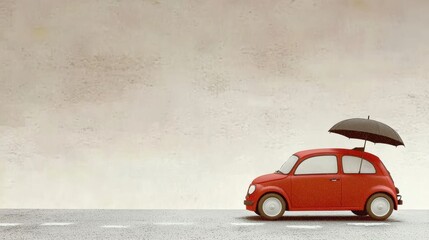 Charming red car with umbrella urban street digital illustration minimalist style side view whimsical concept