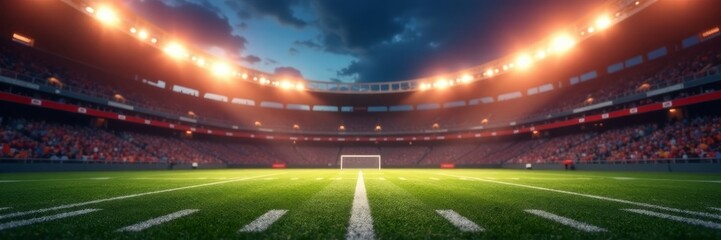 Gridiron ablaze under stadium lights, ready for kickoff , thrill, ball