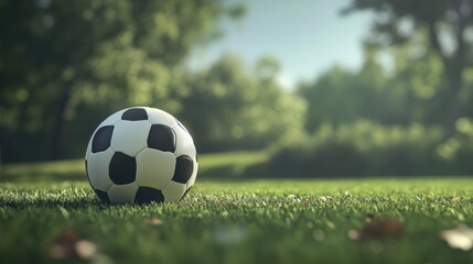 Fototapeta premium Soccer ball on grass lawn. Outdoor activity.