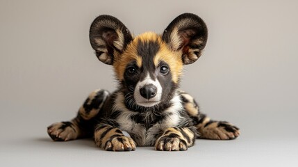baby African wild dog sits attentively large ears perked up showcasing its striking mix of black white and tan fur. unique patterns on its coat stand out vividly.